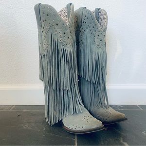 Laredo Women's 16" Gypsy Fringe Gray Nmotion Leather Cowboy Boots Size 8